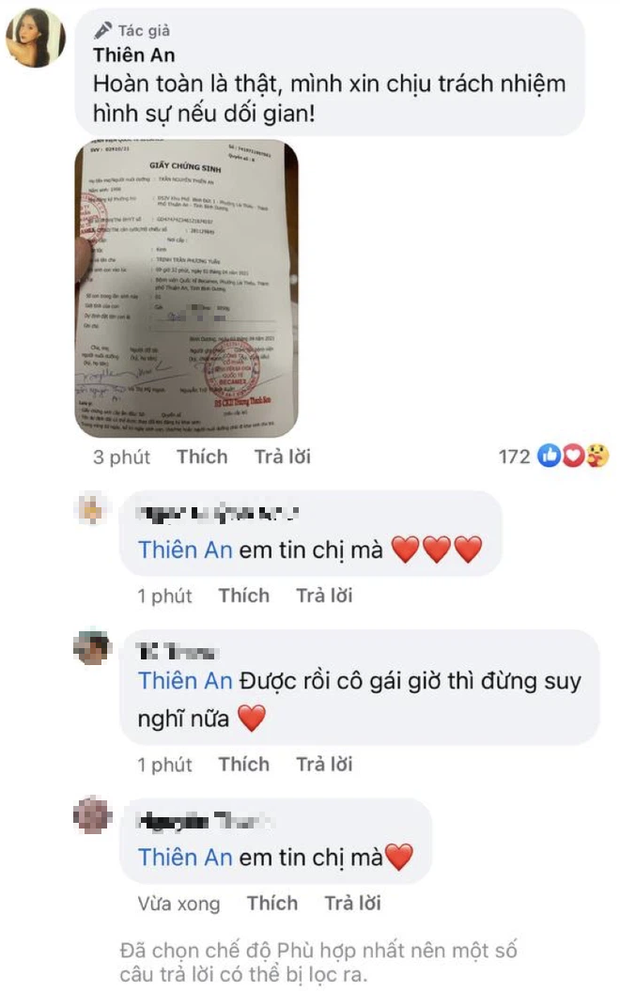 Cô khẳng định những gì mình chia sẻ là sự thật và nhận được sự ủng hộ lớn của khán giả. Cô khẳng định những gì mình chia sẻ là sự thật và nhận được sự ủng hộ lớn của khán giả.