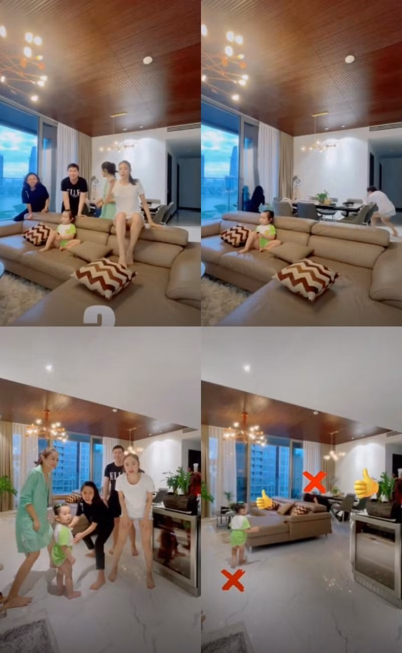 Minh Hằng chơi trốn tìm "bắt trend" cùng gia đình trong căn hộ mới.