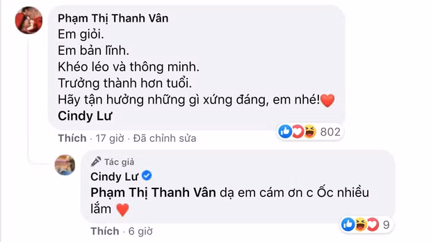 Bình luận của Ốc Thanh Vân an ủi và động viên Cindy Lư.