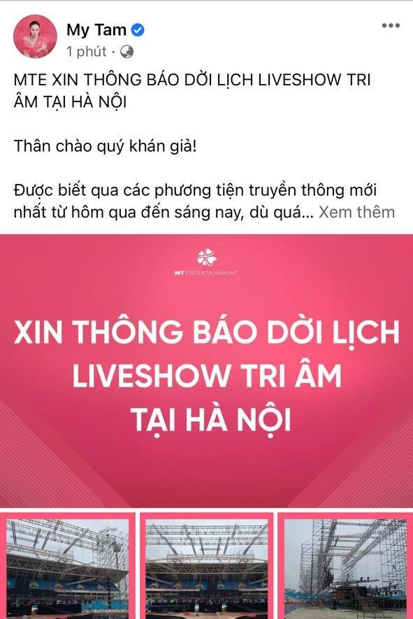 Ca sĩ thông báo dời lịch liveshow Tri Âm ở Hà Nội.