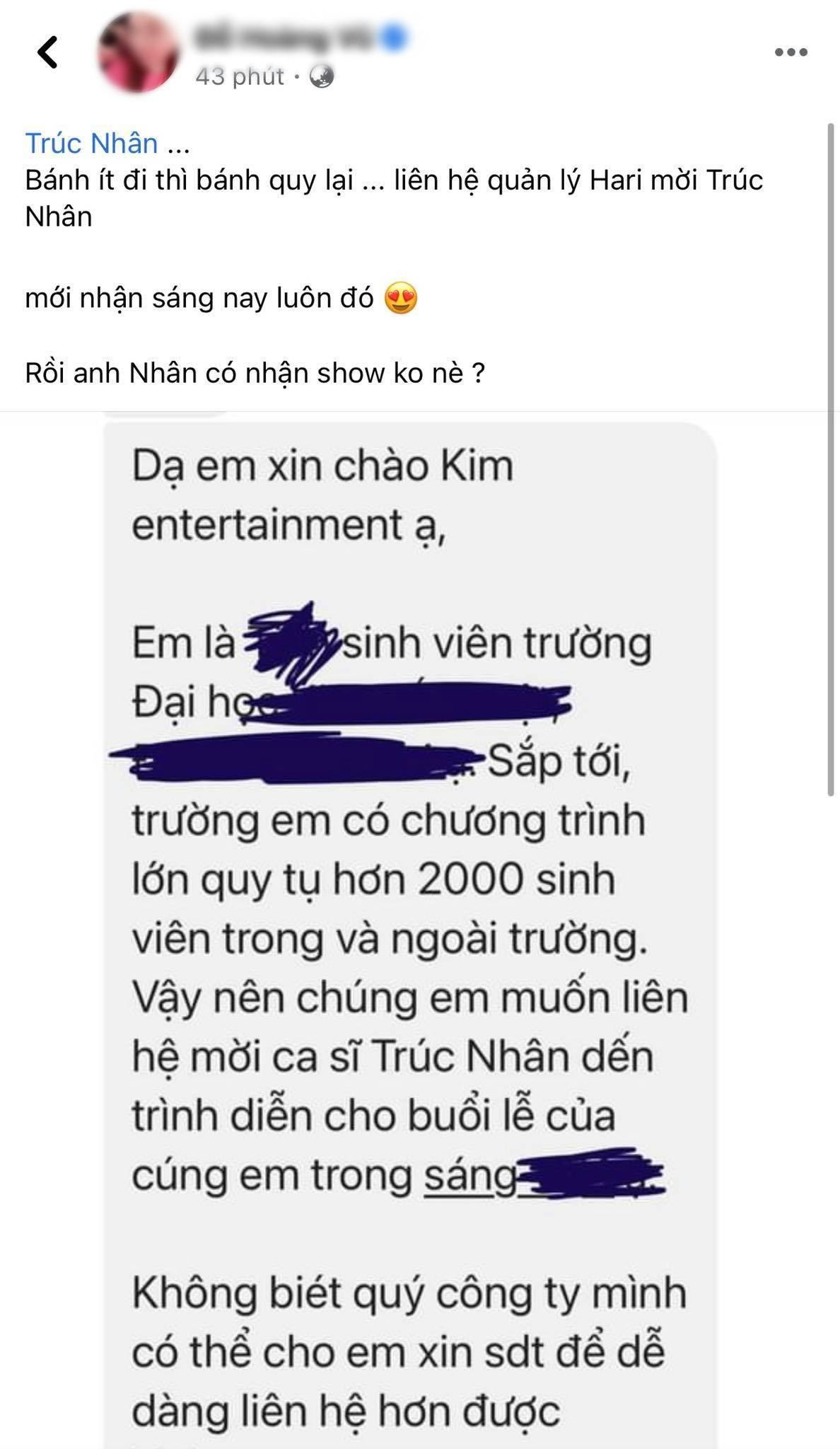 Quản lý của bà xã Trấn Thành chia sẻ đoạn tin nhắn nhận được, không quên tag Trúc Nhân vào bài viết của mình. Quản lý của bà xã Trấn Thành chia sẻ đoạn tin nhắn nhận được, không quên tag Trúc Nhân vào bài viết của mình.