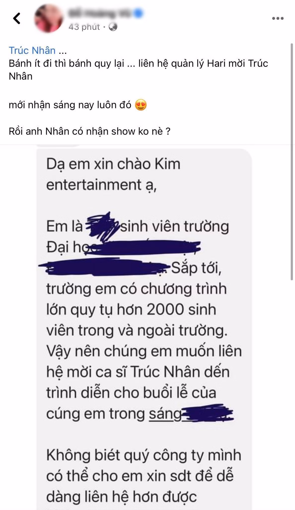 Quản lý của bà xã Trấn Thành chia sẻ đoạn tin nhắn nhận được, không quên tag Trúc Nhân vào bài viết của mình.