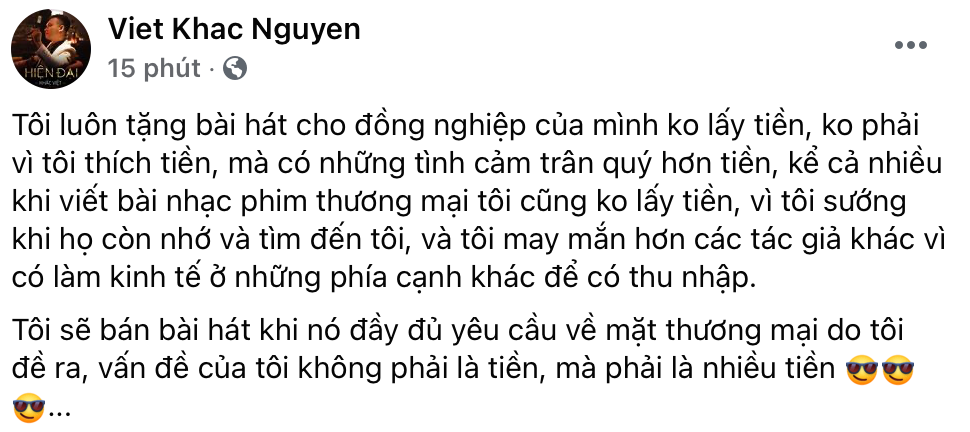 Chia sẻ từ nhạc sĩ Khắc Việt về vấn đề mua bán bản quyền ca khúc.