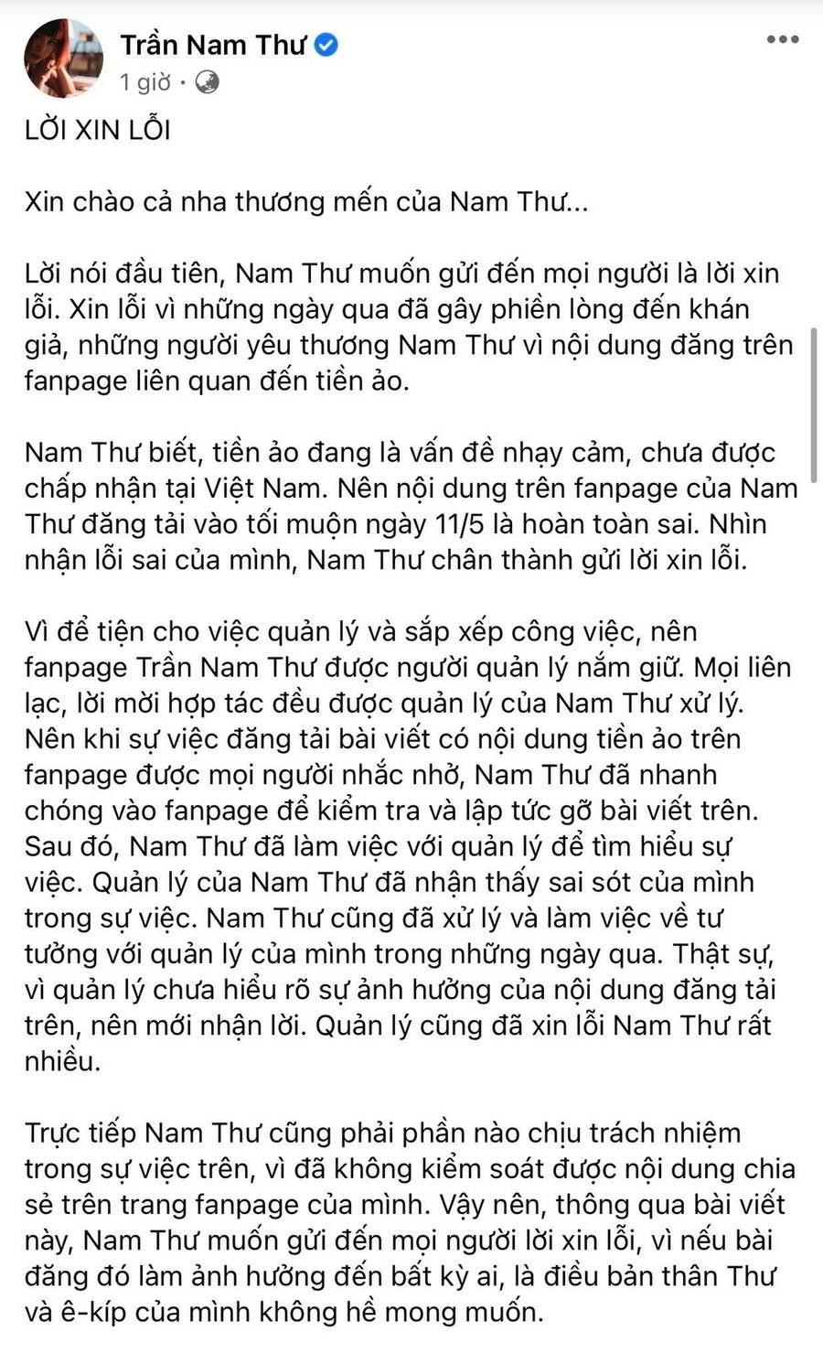 Bài đăng xin lỗi công khai công chúng của Nam Thư.
