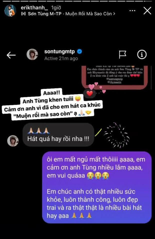 Ca sĩ khoe lời khen của Sơn Tùng trên Instagram cá nhân.