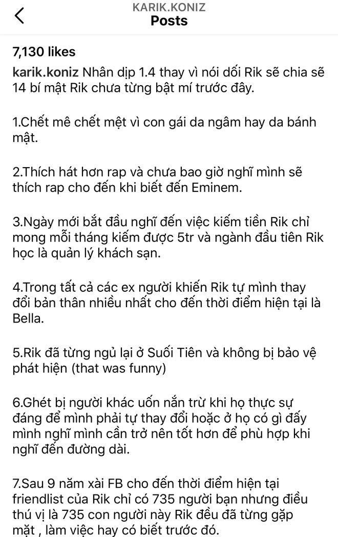 Điều thứ 4 trong 14 bí mật mà Karik chia sẻ có nhắc đến Bella.
