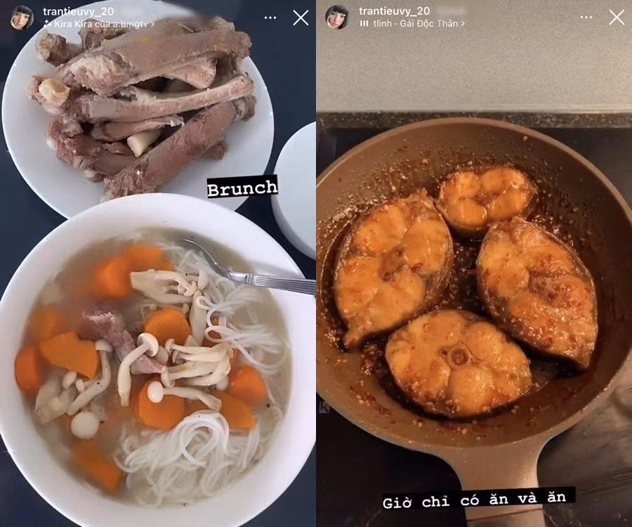 Hoa hậu Tiểu Vy không kém cạnh trong việc bếp núc với món bún sườn và cá kho.