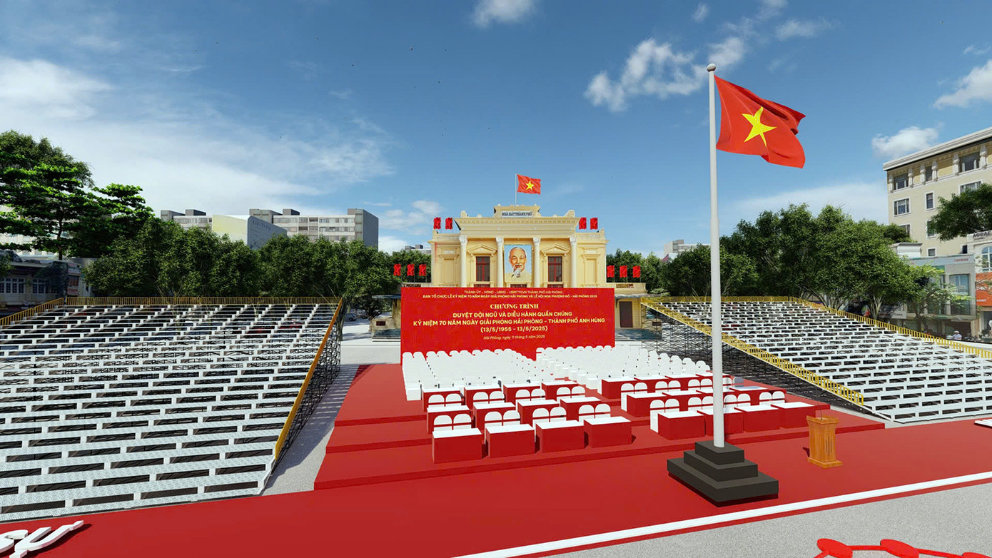 Mô phỏng sơ đồ di chuyển của các khối duyệt đội ngũ và diễu hành quần chúng tại Quảng trường Nhà hát Hải Phòng. Mô phỏng sơ đồ di chuyển của các khối duyệt đội ngũ và diễu hành quần chúng tại Quảng trường Nhà hát Hải Phòng.