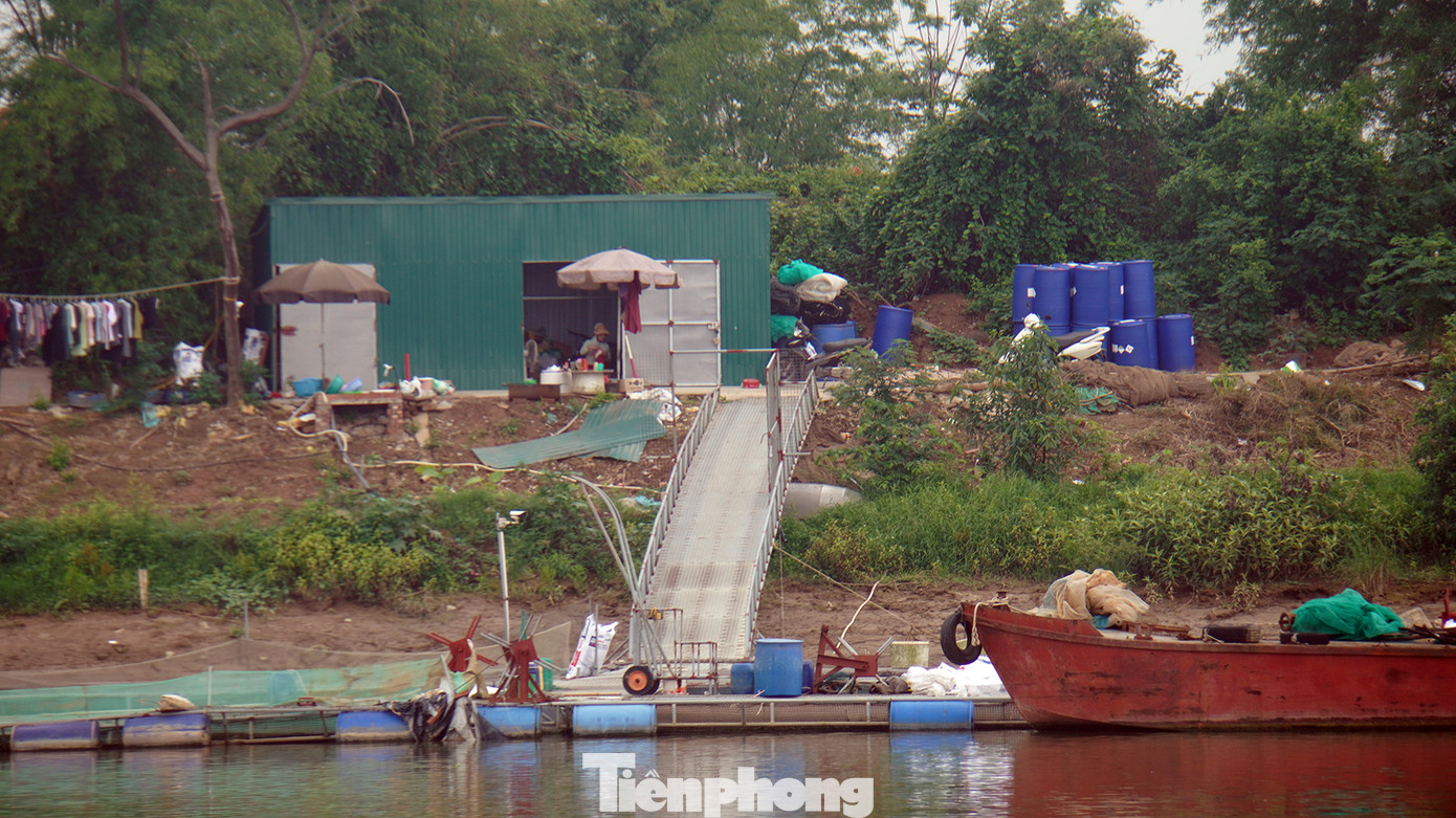 Ông Trần Minh (người địa phương) cho biết, hàng chục hộ dân dựng cầu sắt làm lối di chuyển từ bờ sông dẫn xuống bè. Trên bè, nhiều hộ thiết kế, dựng nhà mái tôn để ở.