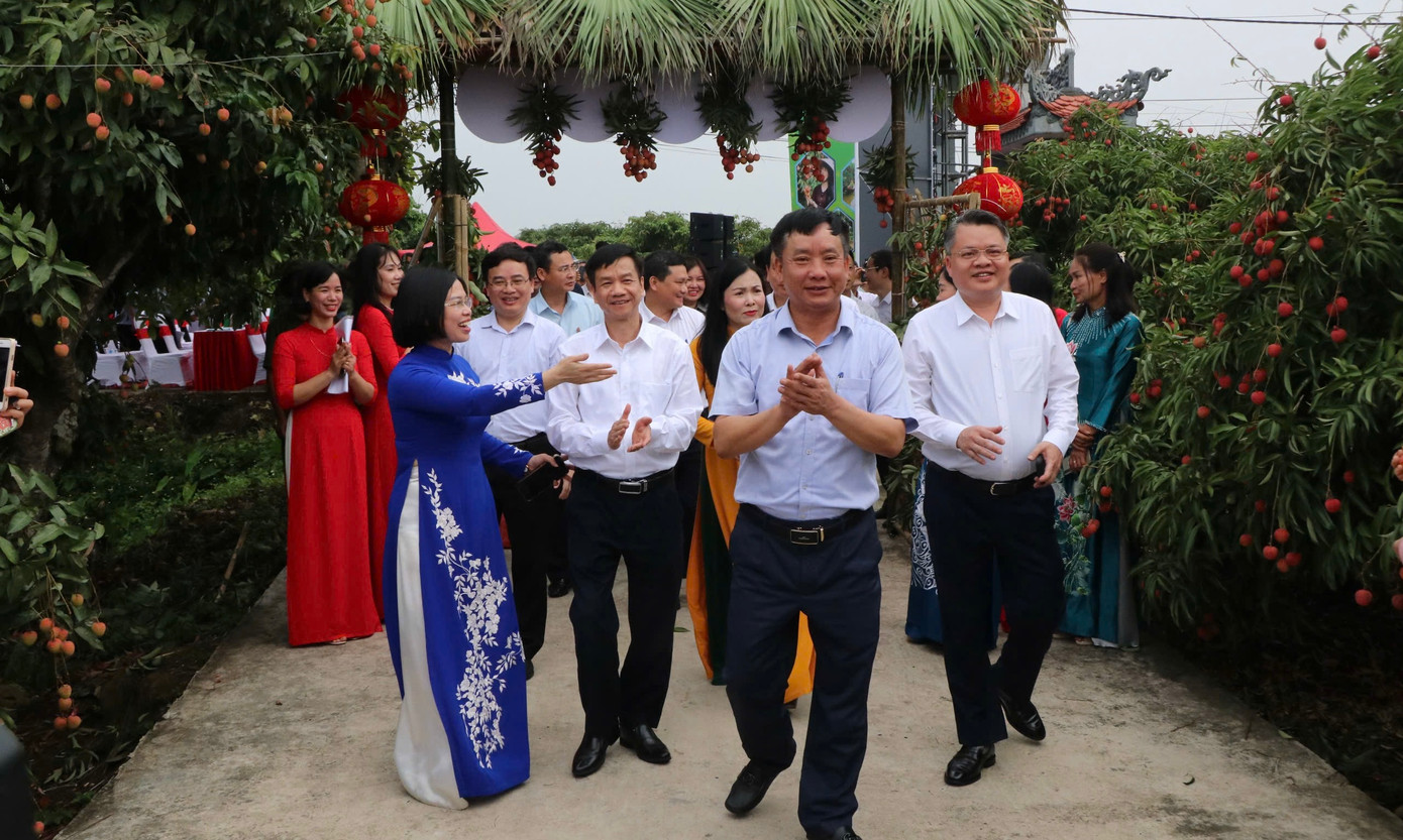 Các đại biểu, người dân và doanh nghiệp dự lễ mở vườn, thu hoạch vải thiều tại huyện Thanh Hà, tỉnh Hải Dương ngày 30/5.