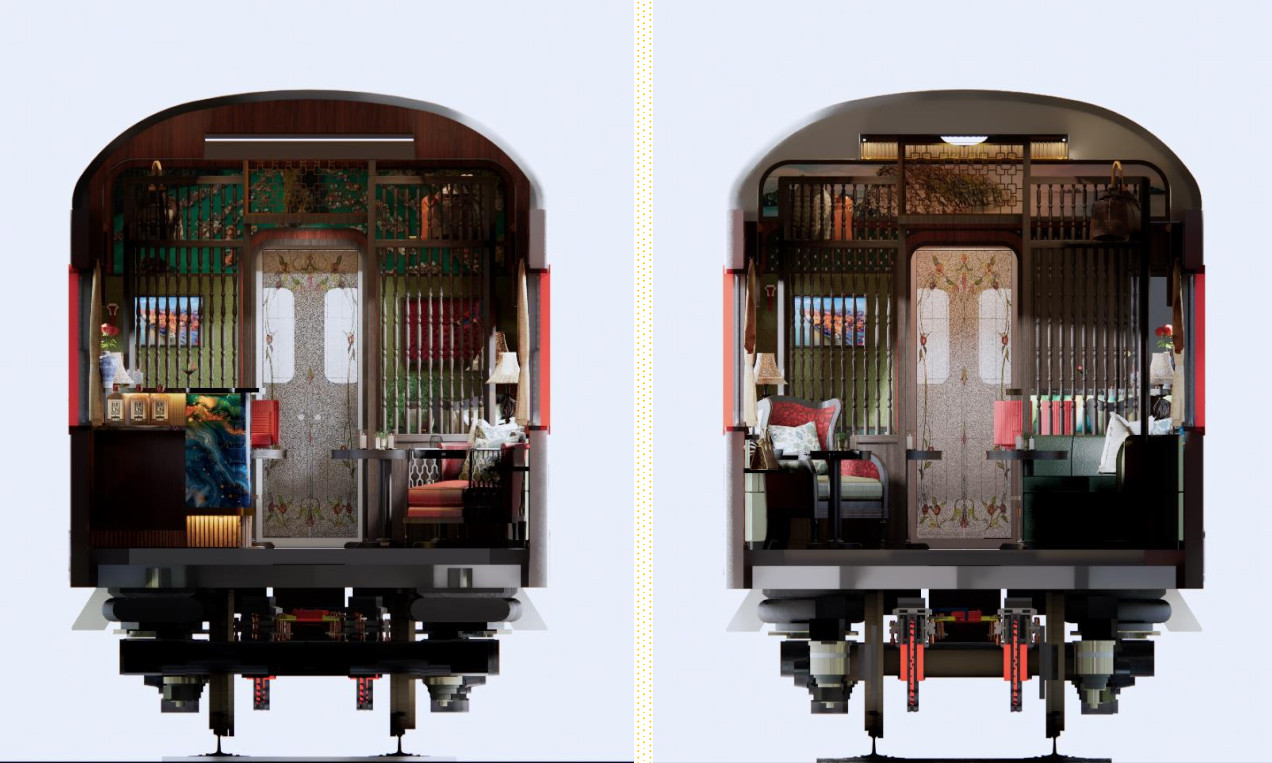 Theo thiết kế, đoàn tàu Hoa Phượng Đỏ có 2 toa VIP, 18 toa thường được trang trí theo chủ đề. Ảnh: Mô phỏng thiết kế mặt cắt ngang toa VIP đoàn tàu Hoa Phượng Đỏ.