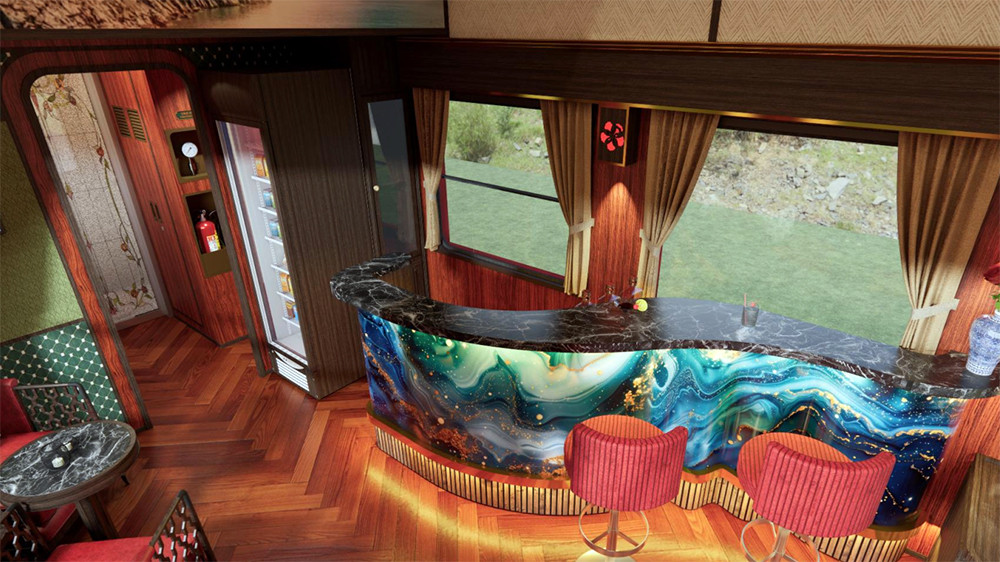 Quầy bar và khu vực bồn rửa tay trong toa đoàn tàu Hoa Phượng Đỏ.