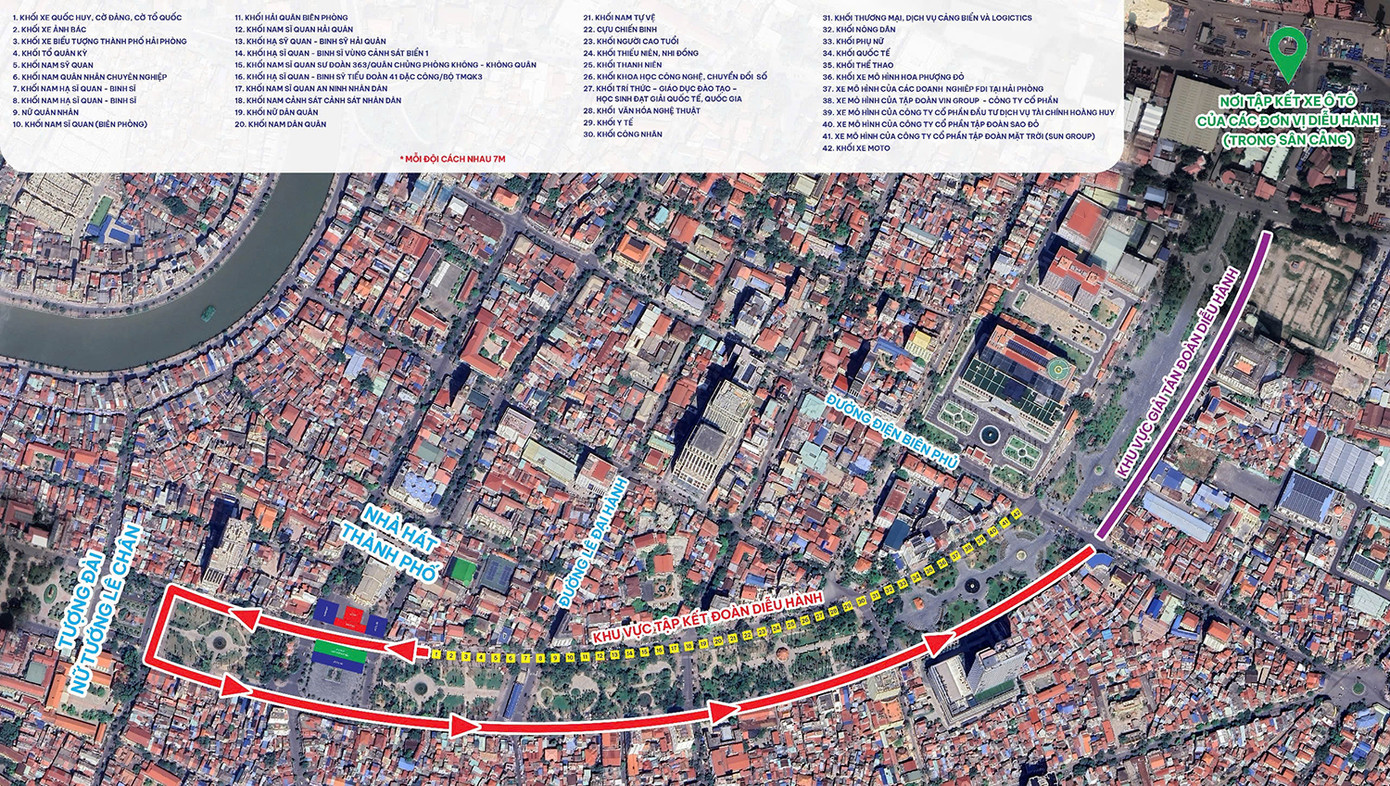 Mô phỏng sơ đồ di chuyển của các khối duyệt đội ngũ và diễu hành quần chúng tại Quảng trường Nhà hát Hải Phòng. Mô phỏng sơ đồ di chuyển của các khối duyệt đội ngũ và diễu hành quần chúng tại Quảng trường Nhà hát Hải Phòng.