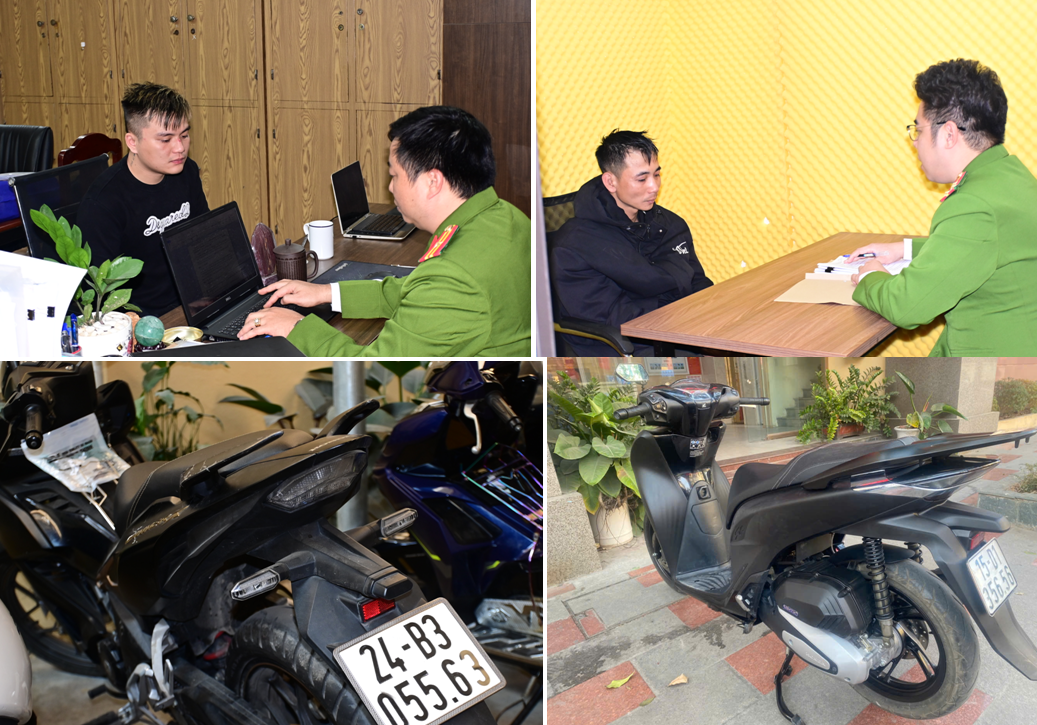 Các đối tượng và tang vật trong vụ cướp xe máy trên quốc lộ 10.