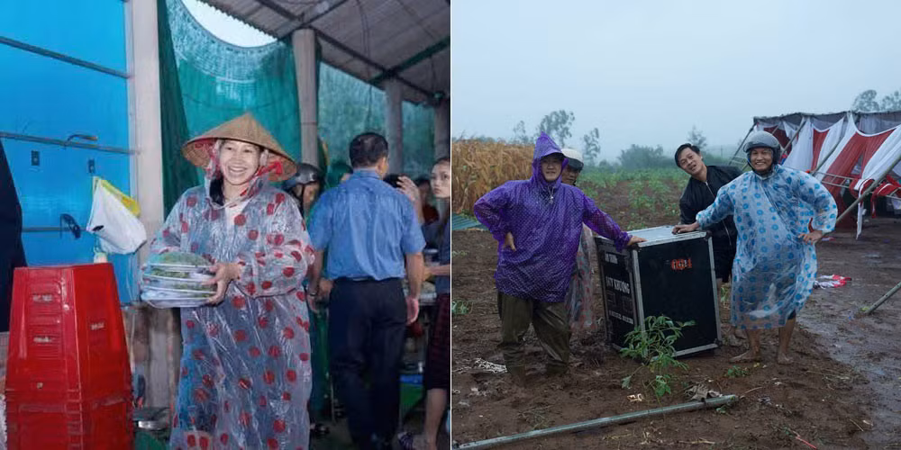 Gia đình mặc áo mưa bê cỗ cưới. Gia đình mặc áo mưa bê cỗ cưới.