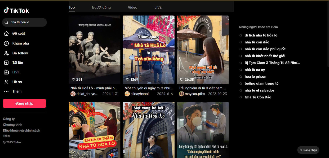 Một số video TikTok chia sẻ trải nghiệm tại Di tích Nhà tù Hỏa Lò thu hút hàng nghìn lượt xem. Một số video TikTok chia sẻ trải nghiệm tại Di tích Nhà tù Hỏa Lò thu hút hàng nghìn lượt xem.