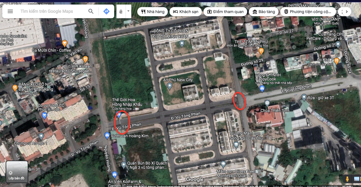 Đường Vũ Tông Phan đi qua khu An Phú New City đang được rào chắn hai đầu. (Ảnh chụp từ Google Map) Đường Vũ Tông Phan đi qua khu An Phú New City đang được rào chắn hai đầu. (Ảnh chụp từ Google Map)