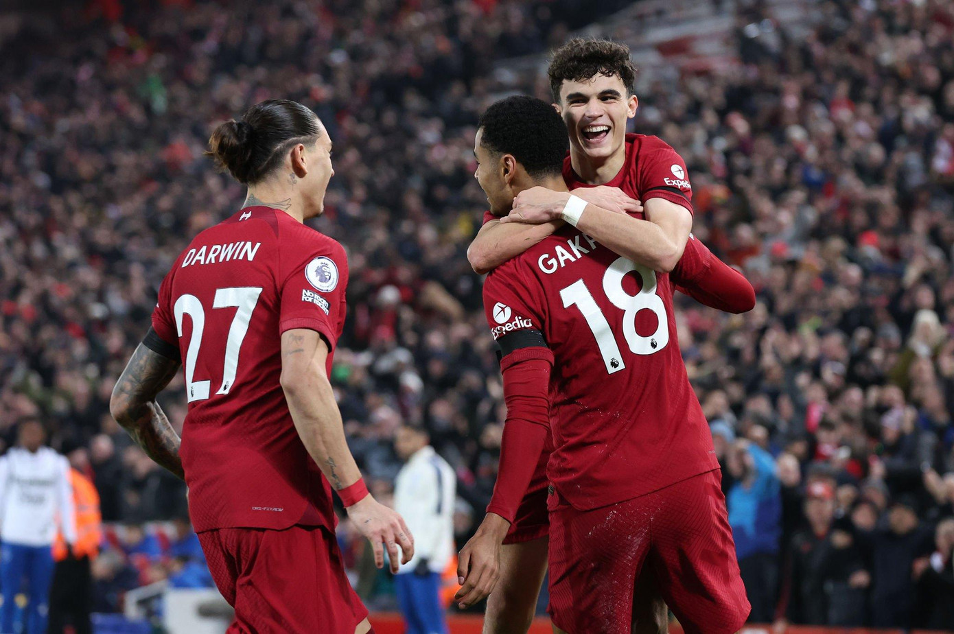Gakpo ăn mừng bàn thắng đầu tiên cùng Liverpool