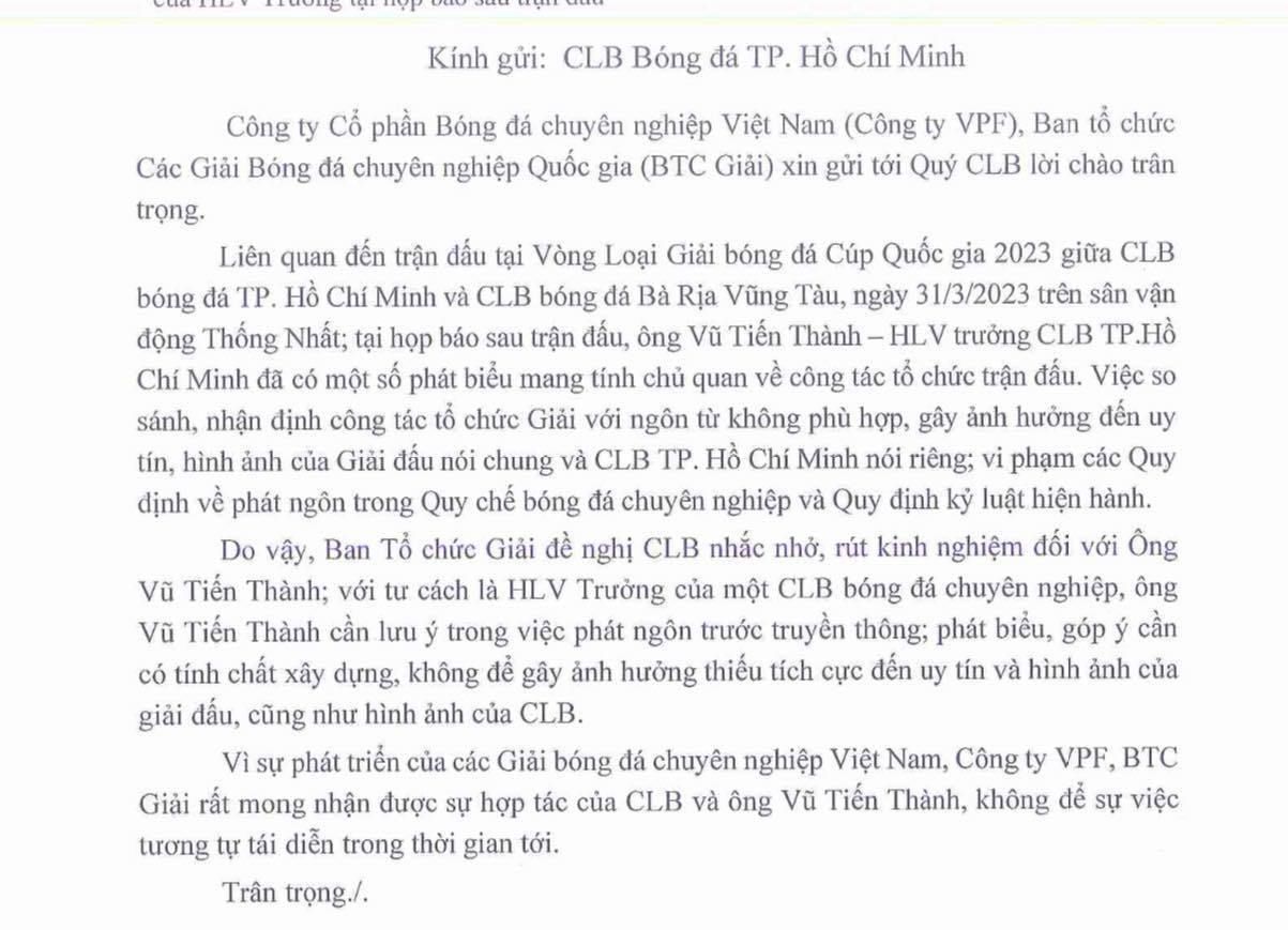 Công văn VPF gửi đến nhắc nhở HLV Vũ Tiến Thành