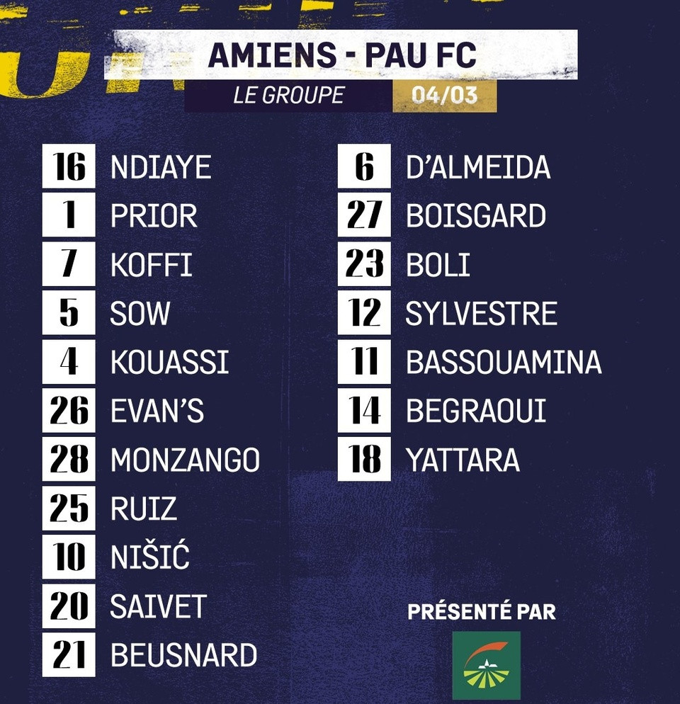 Danh sách 18 cầu thủ Pau FC làm khách của Amiens