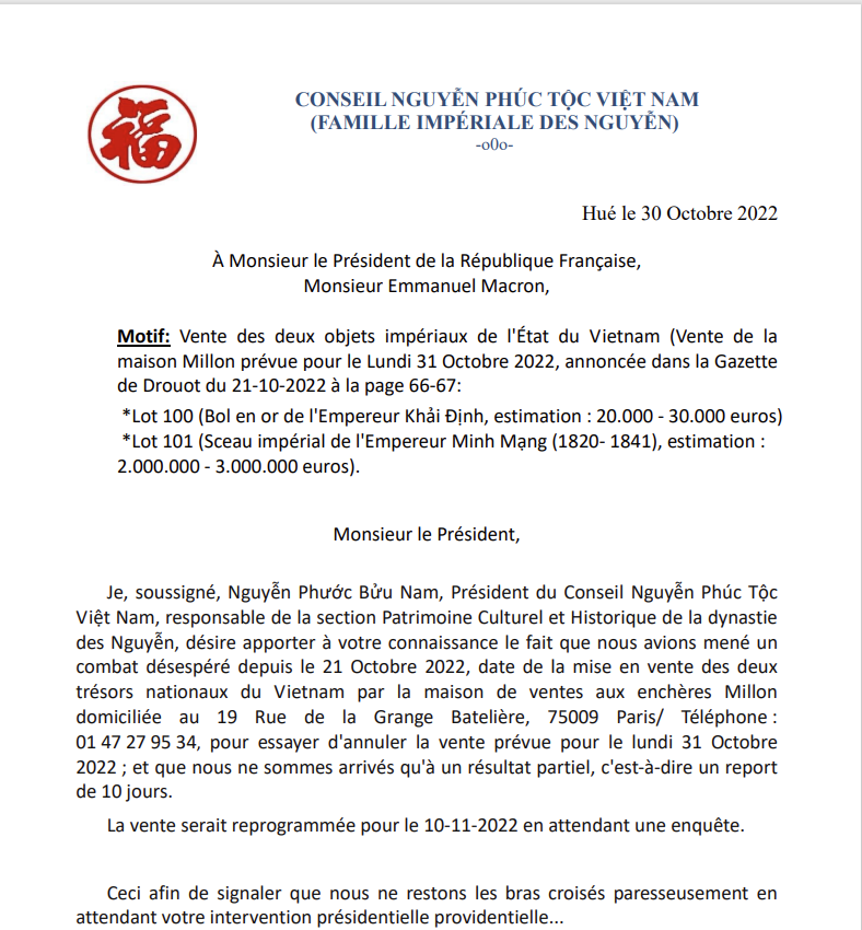 Văn bản của Hội đồng Nguyễn Phúc tộc Việt Nam gửi Tổng thống Pháp. Ảnh: CMH. Văn bản của Hội đồng Nguyễn Phúc tộc Việt Nam gửi Tổng thống Pháp. Ảnh: CMH.