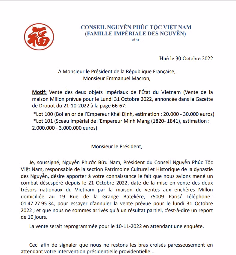 Văn bản của Hội đồng Nguyễn Phúc tộc Việt Nam gửi Tổng thống Pháp. Ảnh: CMH. Văn bản của Hội đồng Nguyễn Phúc tộc Việt Nam gửi Tổng thống Pháp. Ảnh: CMH.