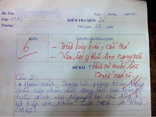 Một lời phê khác trong bài kiểm tra Lịch sử khiến người xem bật cười: 