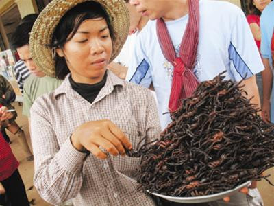 Món nhậu chiên được bày bán gần biên giới Campuchia ở Tây Ninh. Ảnh: Đình Thắng