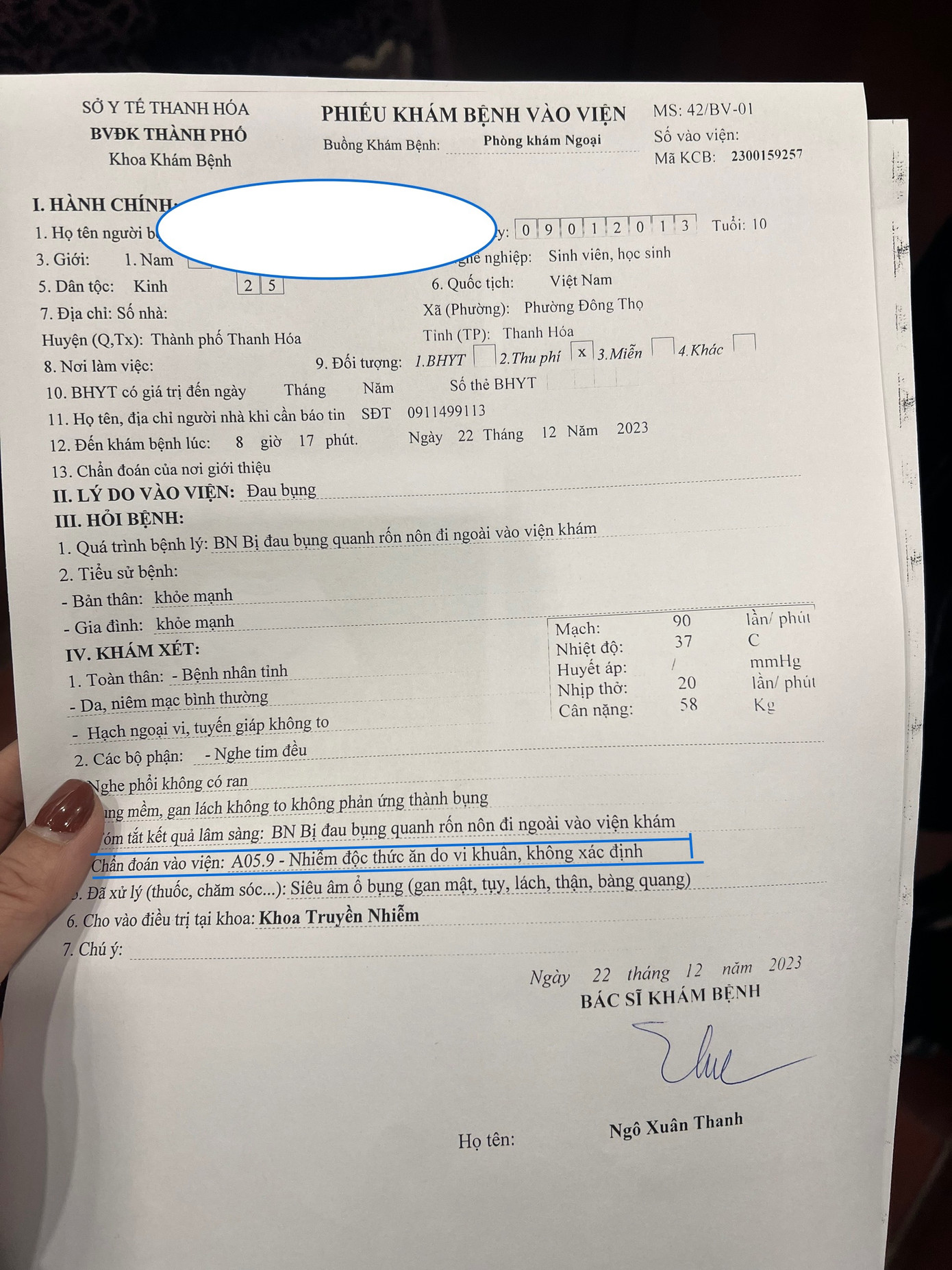 Ngày 22/12, nhiều học sinh nhập viện tại Bệnh viện đa khoa thành phố Thanh Hoá được chẩn đoán: Nhiễm độc thức ăn do vi khuẩn, không xác định.