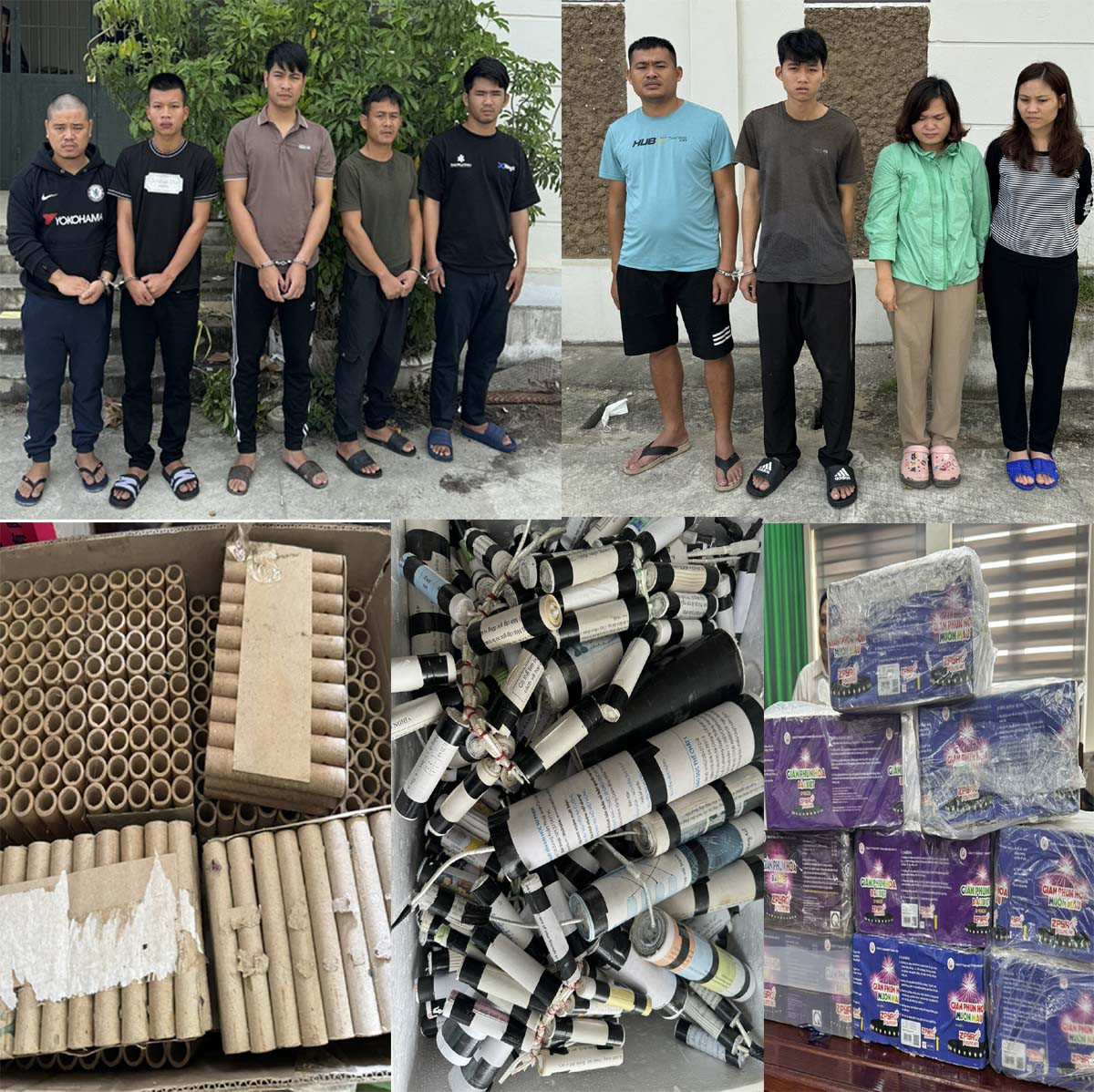 Các đối tượng bị bắt giữ và tang vật các vụ án sản xuất, buôn bán pháo nổ, pháo hoa trái phép. Ảnh: Công an Thanh Hoá. Các đối tượng bị bắt giữ và tang vật các vụ án sản xuất, buôn bán pháo nổ, pháo hoa trái phép. Ảnh: Công an Thanh Hoá.