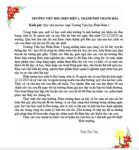 Ngày 28/12, các phụ huynh nhận được thư gửi từ phía nhà trường. Ngày 28/12, các phụ huynh nhận được thư gửi từ phía nhà trường.