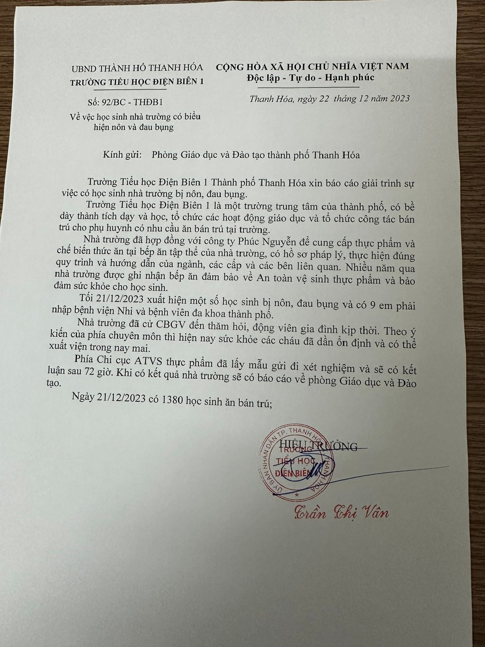 Báo cáo của Trường tiểu học Điện Biên 1.