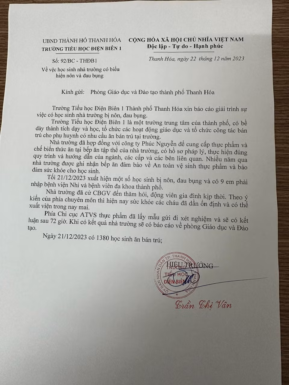 Báo cáo của Trường tiểu học Điện Biên 1.