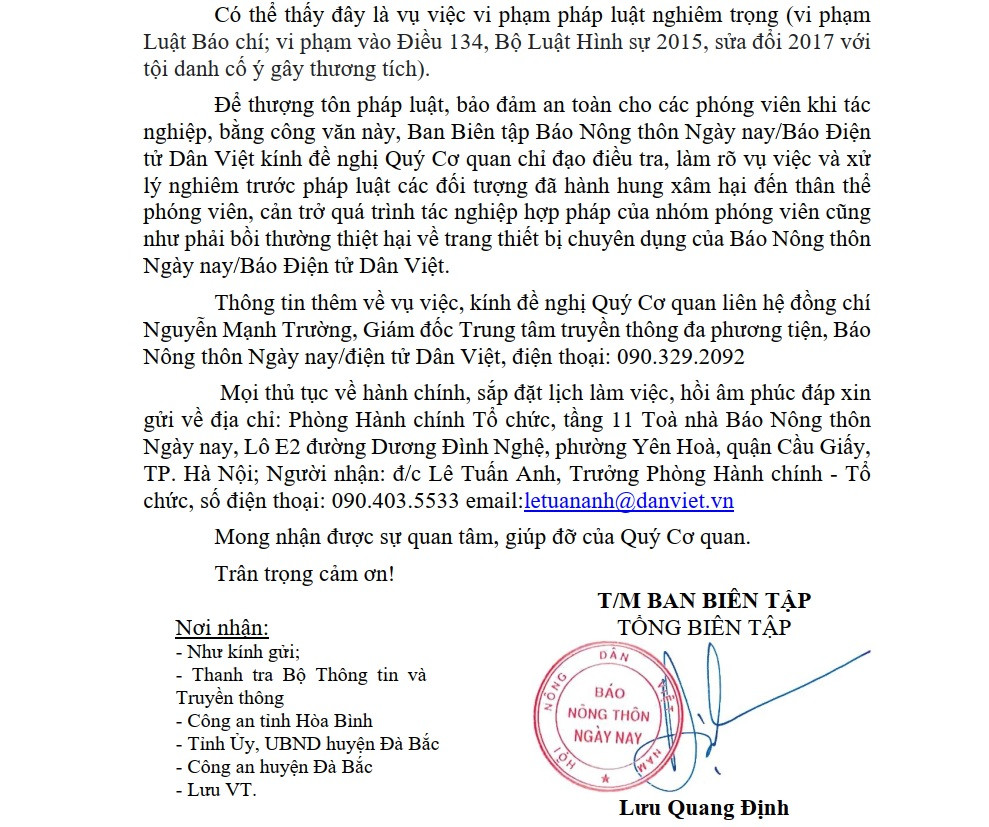 Báo Nông thôn ngày nay/Dân Việt phát công văn đề nghị các cơ quan chức năng vào cuộc Báo Nông thôn ngày nay/Dân Việt phát công văn đề nghị các cơ quan chức năng vào cuộc
