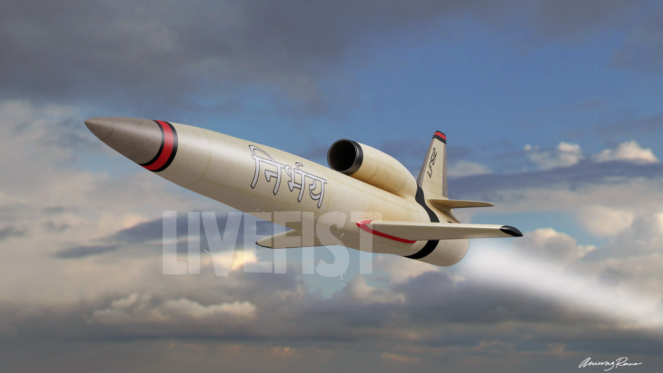 Tên lửa hành trình cận âm Nirbhay . Ảnh: Livefist Tên lửa hành trình cận âm Nirbhay