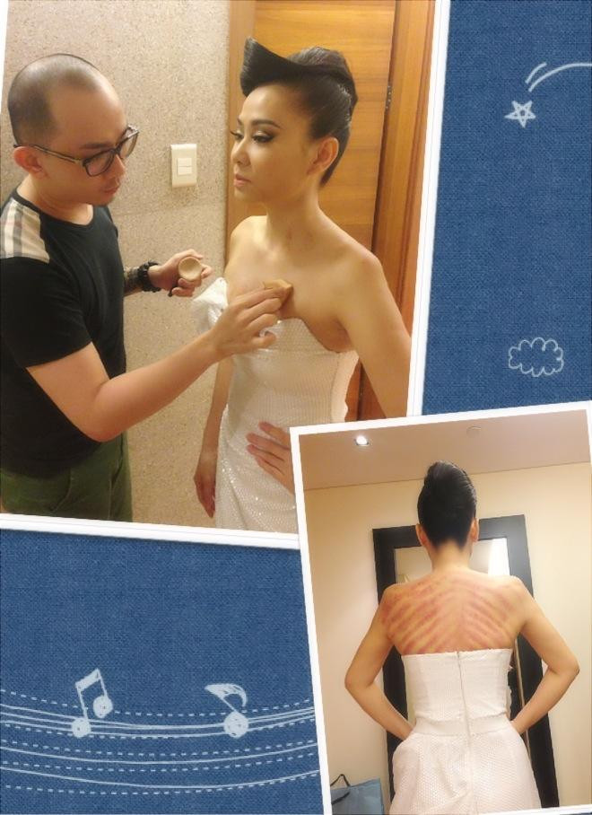 Thu Minh đang vất vả 'ngụy trang' trước giờ diễn để che những vết bầm tím do cạo gió