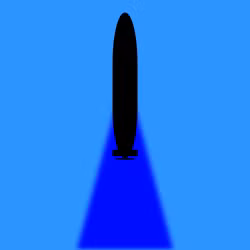 Vùng mù (với sonar) sau đuôi tàu. Tránh vùng này, các tàu ngầm xô viết thế hệ trước thường sử dụng động tác quay đảo hướng, đổi độ sâu để phát hiện kẻ địch. Động tác cơ động đột ngột đó người Mỹ gọi là động tác cơ động 