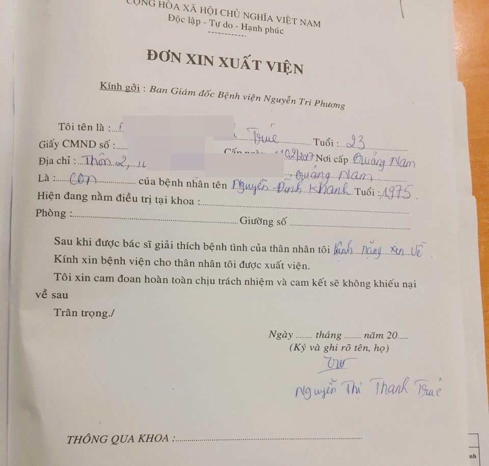 Đơn xin xuất viện được gia đình ký khi kiên quyết đưa bệnh nhân về Đơn xin xuất viện được gia đình ký khi kiên quyết đưa bệnh nhân về