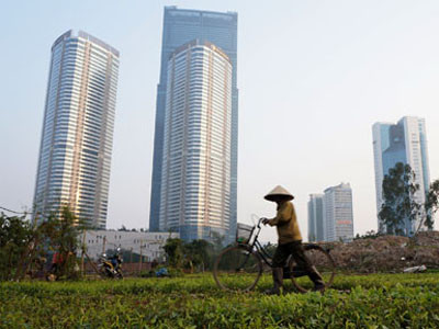 Bà Thu, một người dân Đội 8 dắt xe đến đồng rau