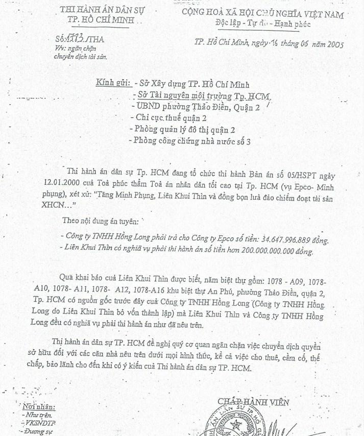 5 căn biệt thự cao cấp của Công ty HL ở phường Thảo Điền (quận 2 cũ) đã được kê biên để đảm bảo thi hành án nhưng sau đó vẫn được bán trót lọt