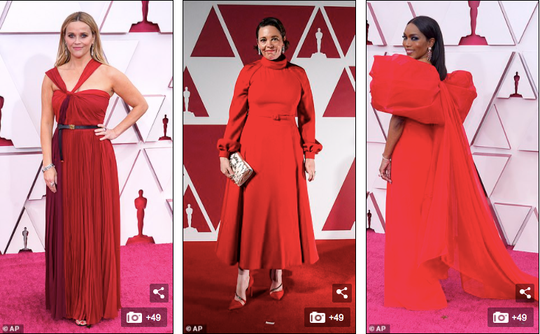 Các nghệ sĩ Reese Witherspoon, Olivia Colman và Angela Bassett cùng mặc tông đỏ cam rực rỡ