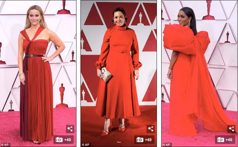 Các nghệ sĩ Reese Witherspoon, Olivia Colman và Angela Bassett cùng mặc tông đỏ cam rực rỡ