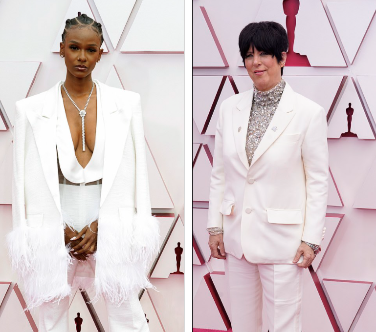 Nhạc sĩ, nhà sản xuất âm nhạc Diane Warren (phải) cũng diện "cây trắng" thanh lịch tại sự kiện