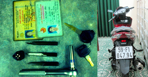 Những chiếc đoản khóa Dũng dùng để bẻ khóa xe và chiếc xe tay ga Air Blade, thu giữ được của tên trộm