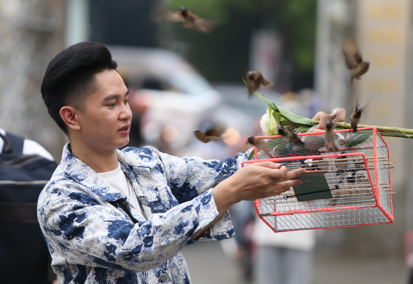 Chàng trai thả lên bầu trời những chú chim sẻ trong ngày Đại lễ Phật đản.