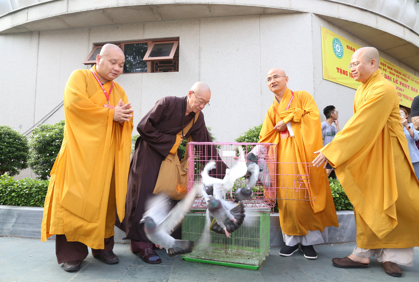 Chư tôn đức cùng thả chim bồ câu nhân mùa Phật đản.