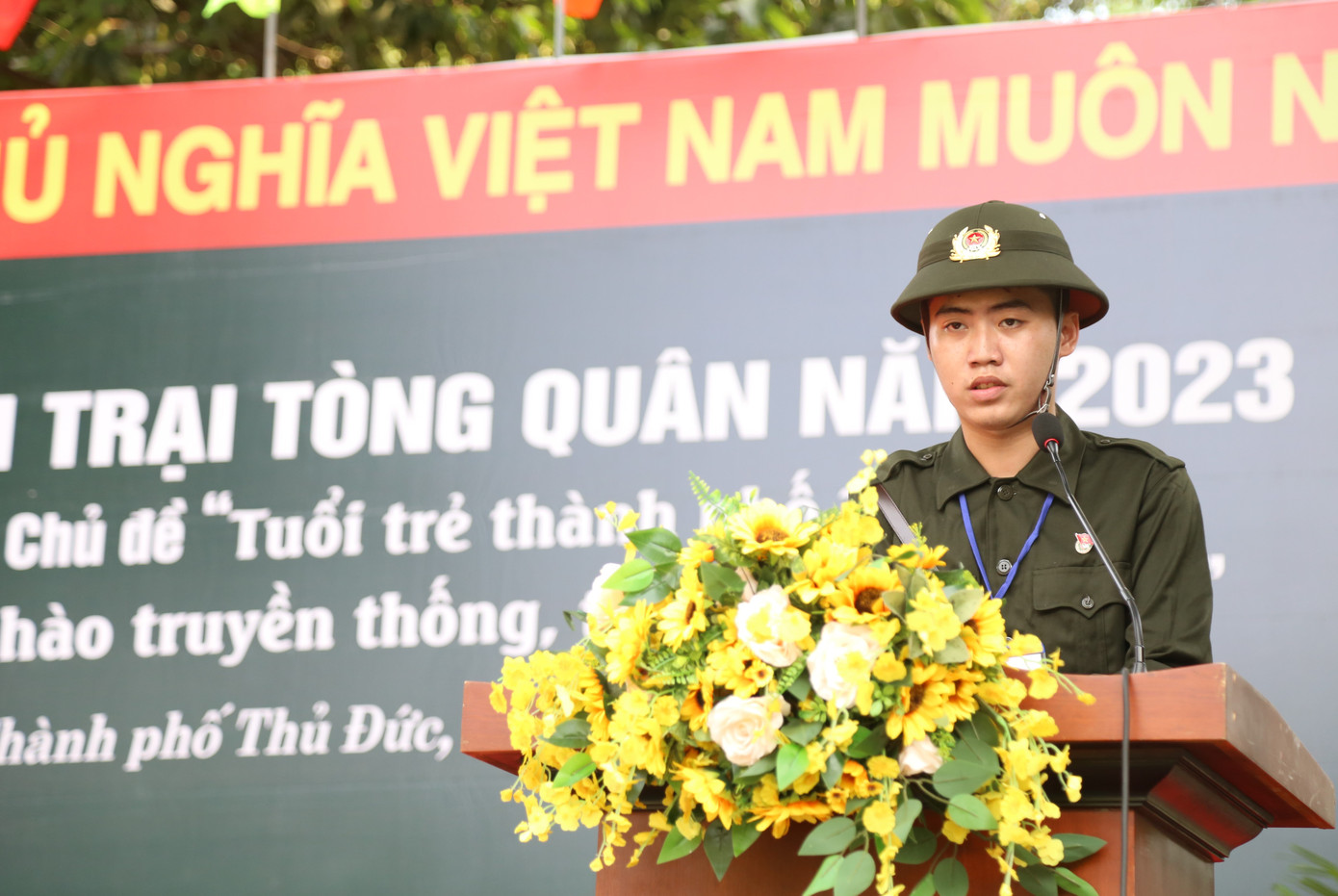 Tại hội trại, tân binh Bùi Hữu Phước (phường Phước Long A) bày tỏ quyết tâm tham gia học tập, rèn luyện.
