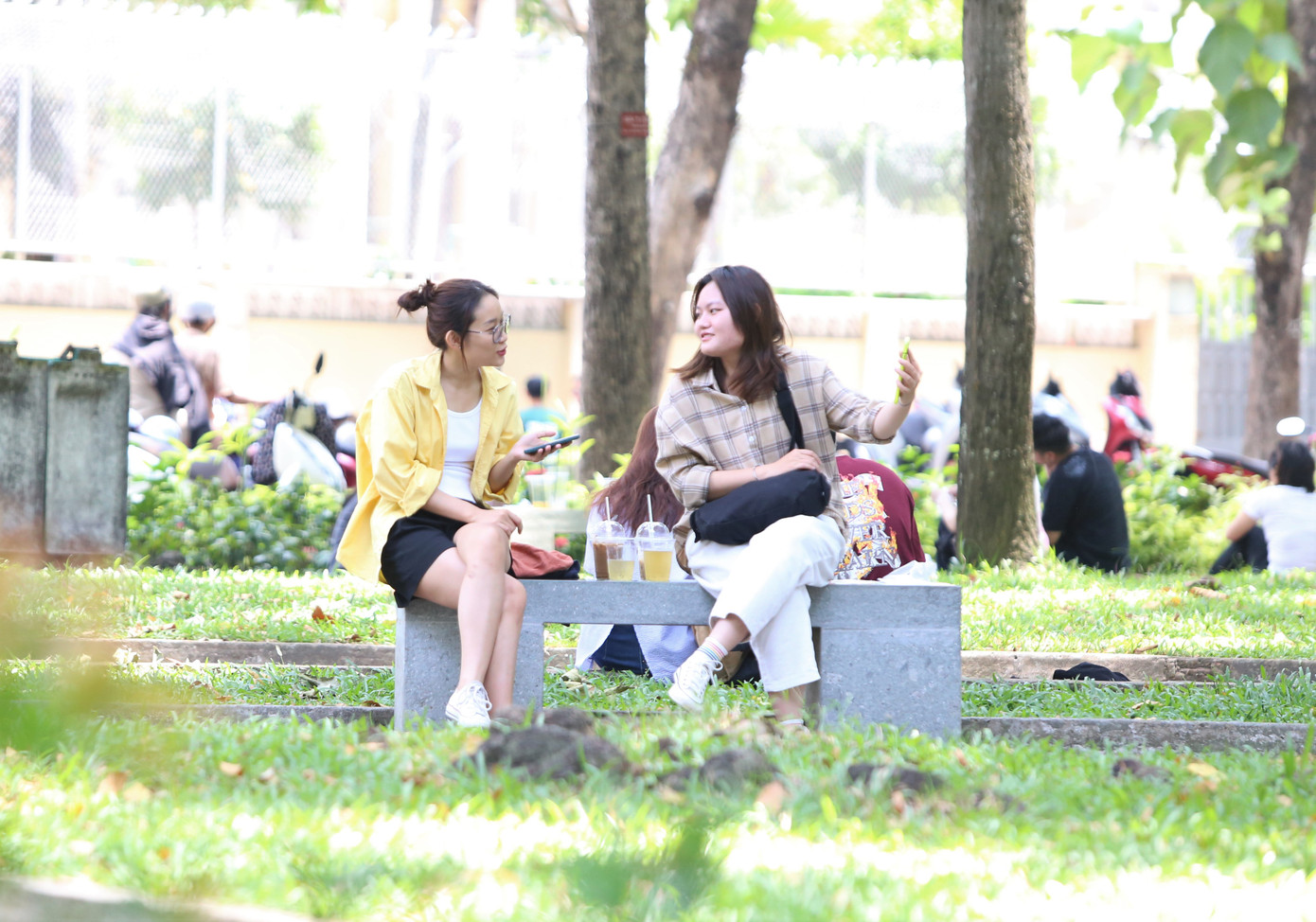 Trong khi đó, nhiều bạn trẻ đến Công viên 30/4 bên cạnh Nhà thờ Đức Bà ngồi vui chơi, trò chuyện. Không gian nơi đây cực kỳ mát mẻ, trong lành nhờ hàng cây xanh cổ thụ trải dài cùng bãi cỏ xanh tươi được chăm chút hằng ngày.