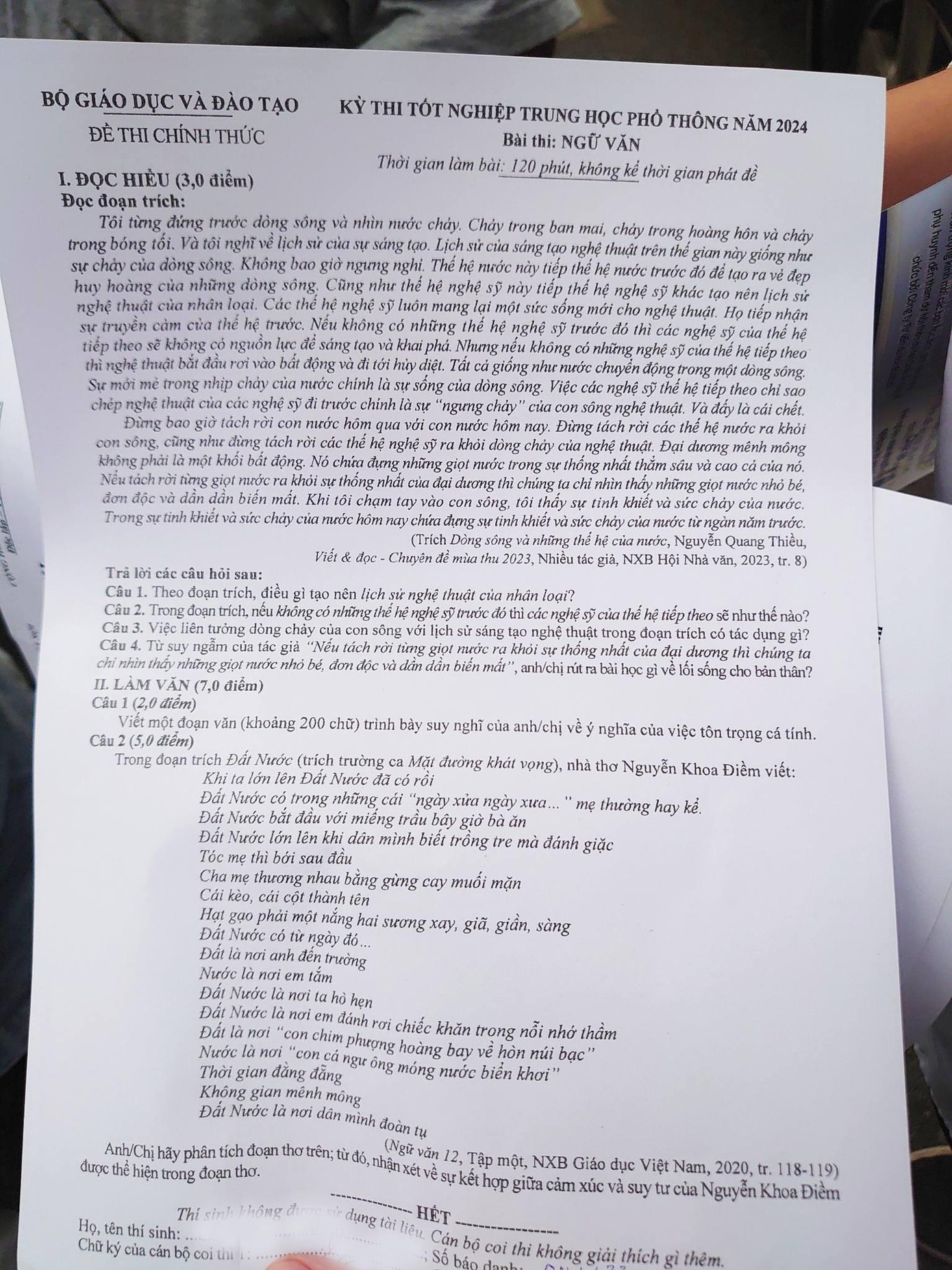 Đoạn trích “Đất nước” của Nguyễn Khoa Điềm vào đề thi môn Ngữ văn năm 2024.