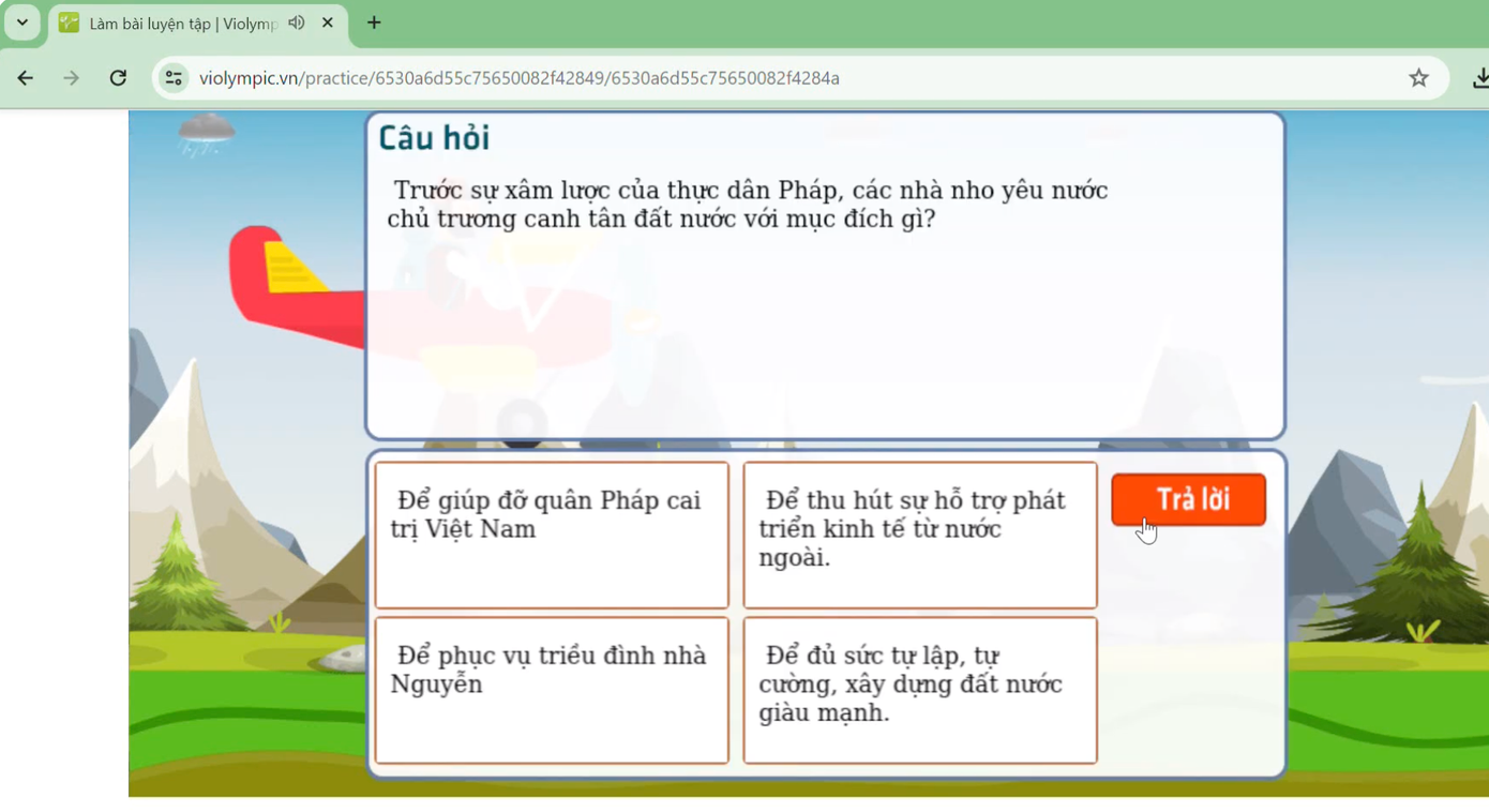 Giao diện thi môn Lịch sử Violympic.